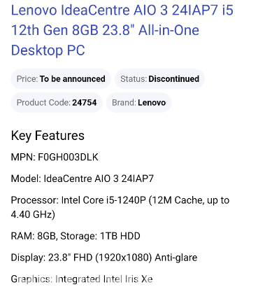 Lenovo Ideacenter AIO 3 24IA P7i5